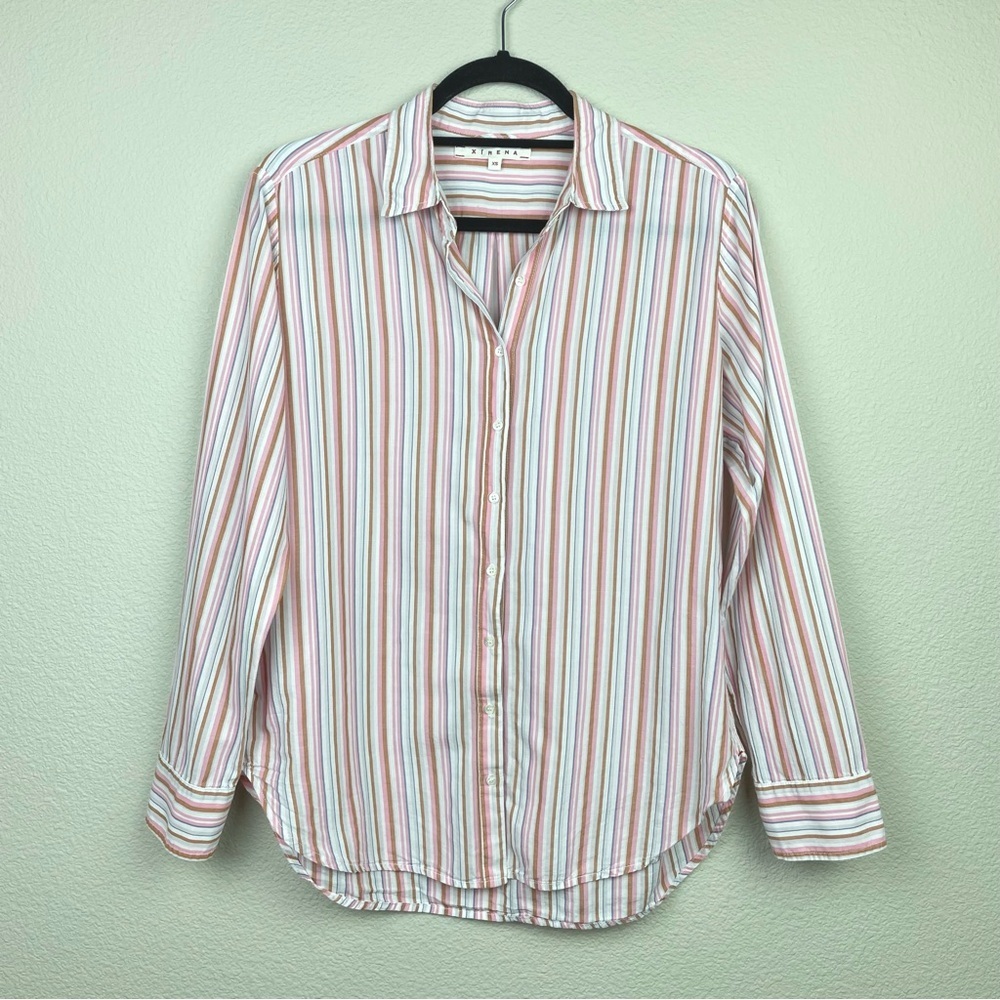 XiRENA Women's XS Button Down Collared Long Sleeve Shirt Multi Stripe Pink Beach